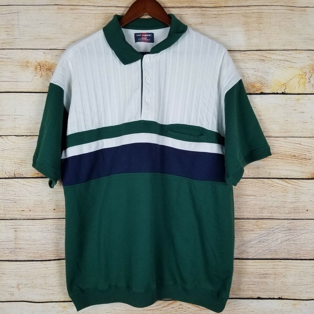Vintage Safe Harbor Sportswear Polo Shirt Mens M Green and White‎ Striped Golf
